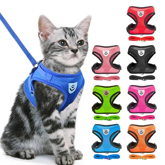 Arnés tipo chaleco para gatos con correa para paseo, también apto para cachorros y perros pequeños, fabricado en poliéster con malla transpirable, ajustable, accesorio para mascotas pequeñas y medianas.